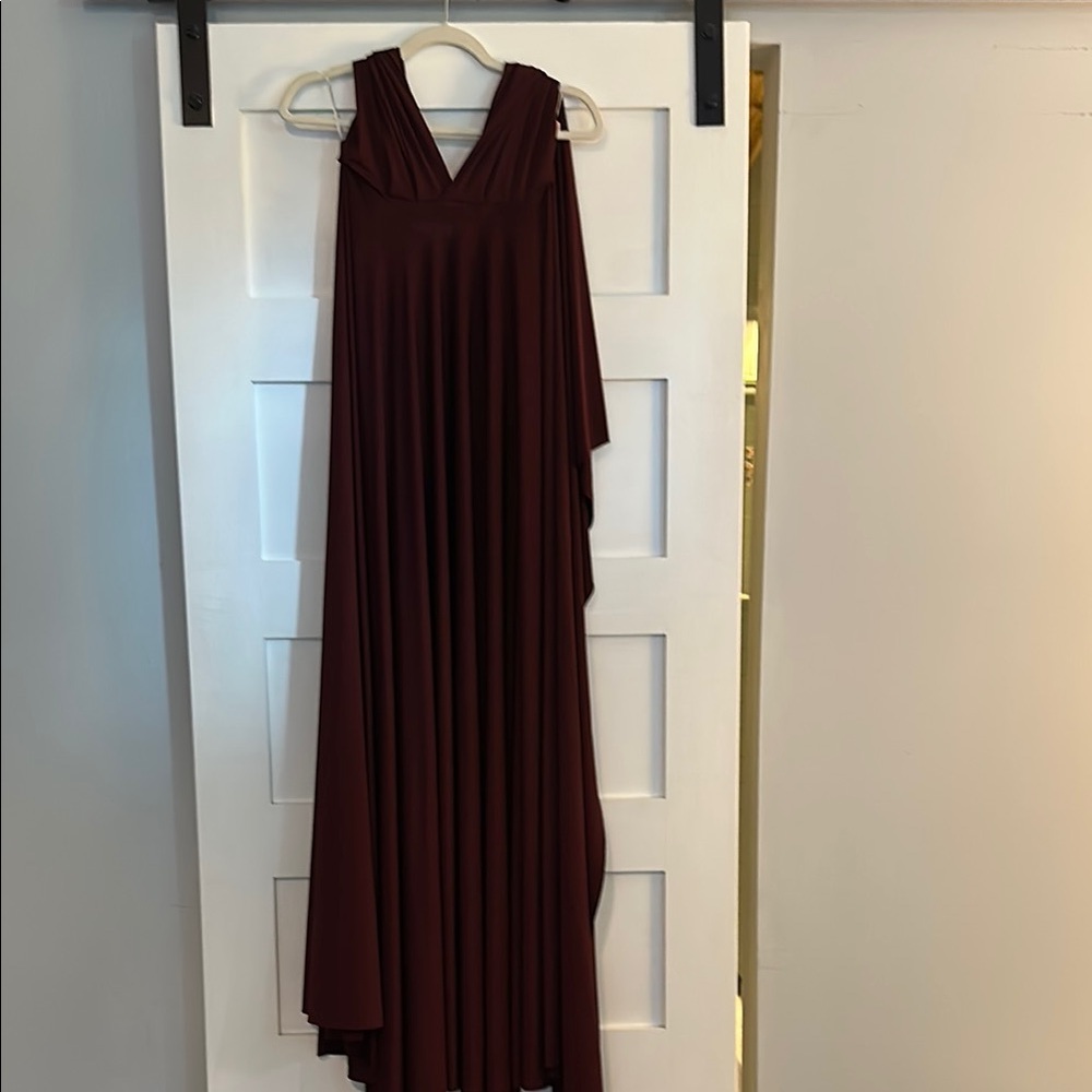 Two Birds BHLDN Elegant Burgundy Convertible Evening Gown
